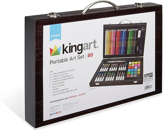 Kingart 80-Piece Art Set | Watercolors, Oil Pastels & Colored Pencils in Wooden Case