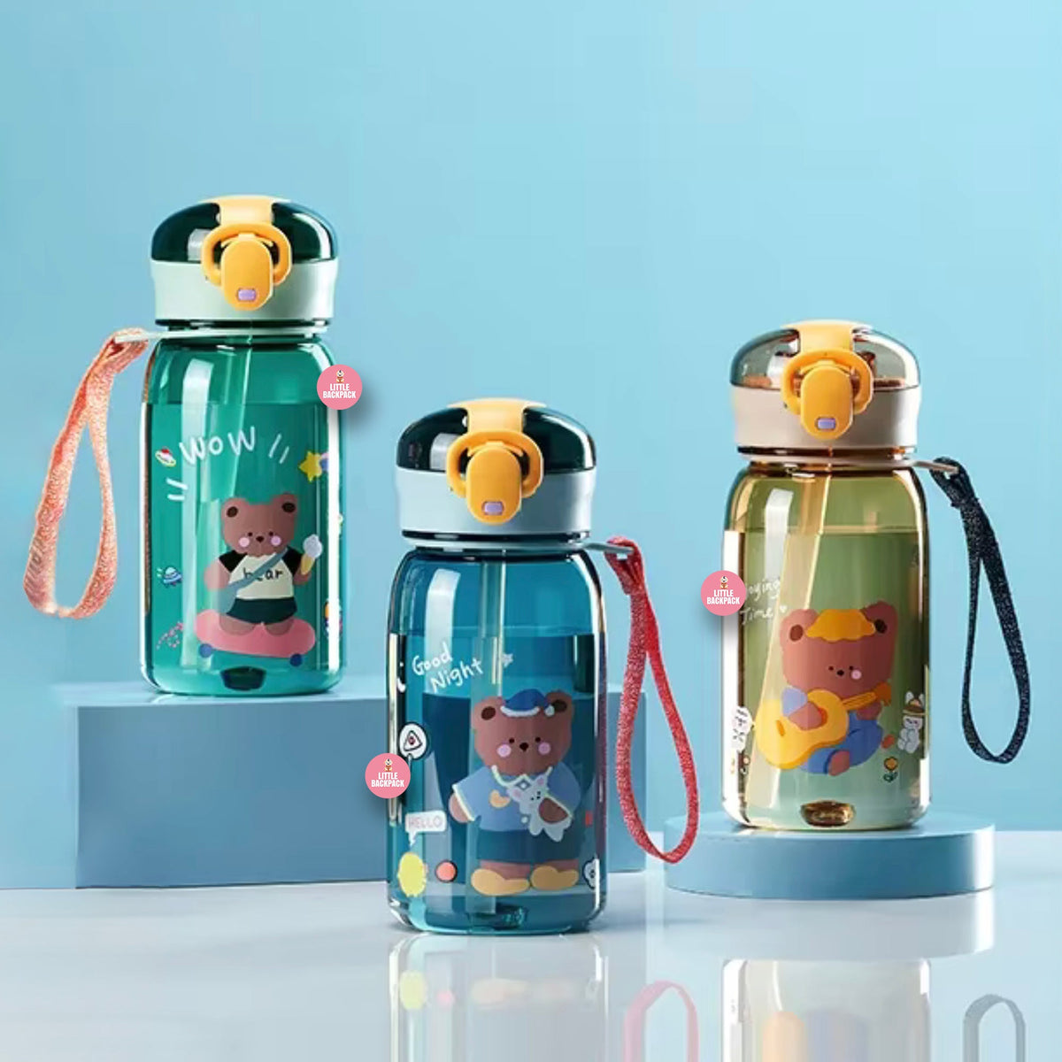 Cute Bear Squad Water Bottles with Straw (400ml)